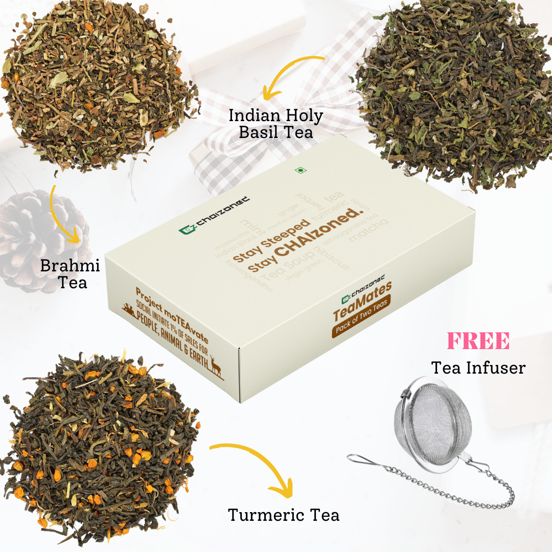 Ayurvedic Harmony Tea Gift Set - Brahmi Tea, Indian Basil Tea, Turmeric Tea with free Tea Infuser