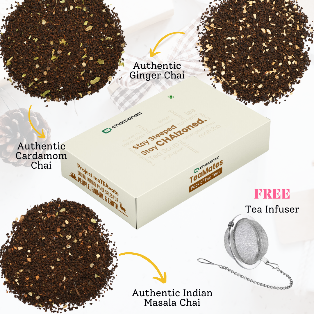 The Chai Trio Tea Gift Set - Masala Chai, Ginger Chai & Cardamom Chai with free Tea Infuser