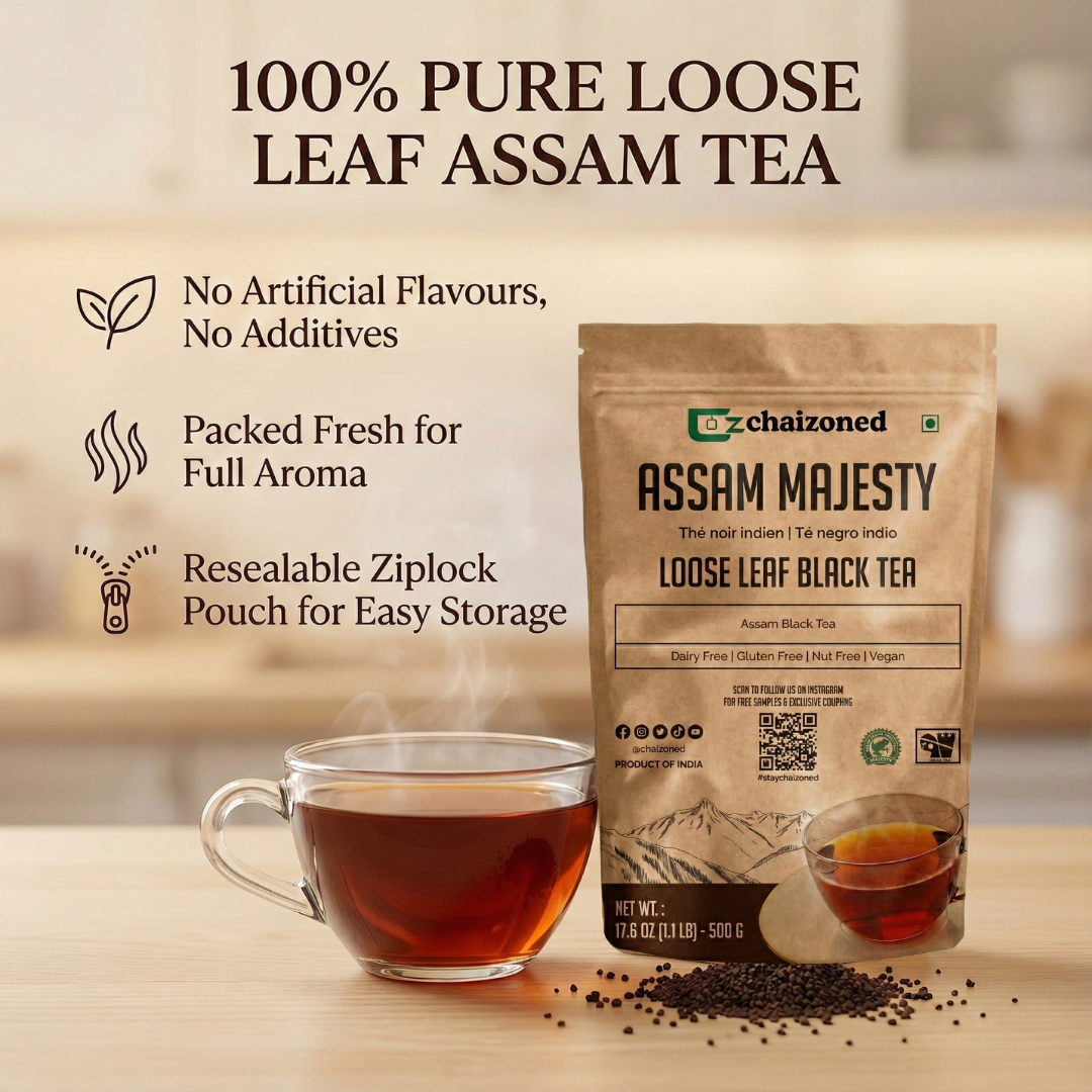 Assam Loose Leaf Black Tea, Premium Indian Black Tea, Strong & Malty, 500g Resealable Pouch